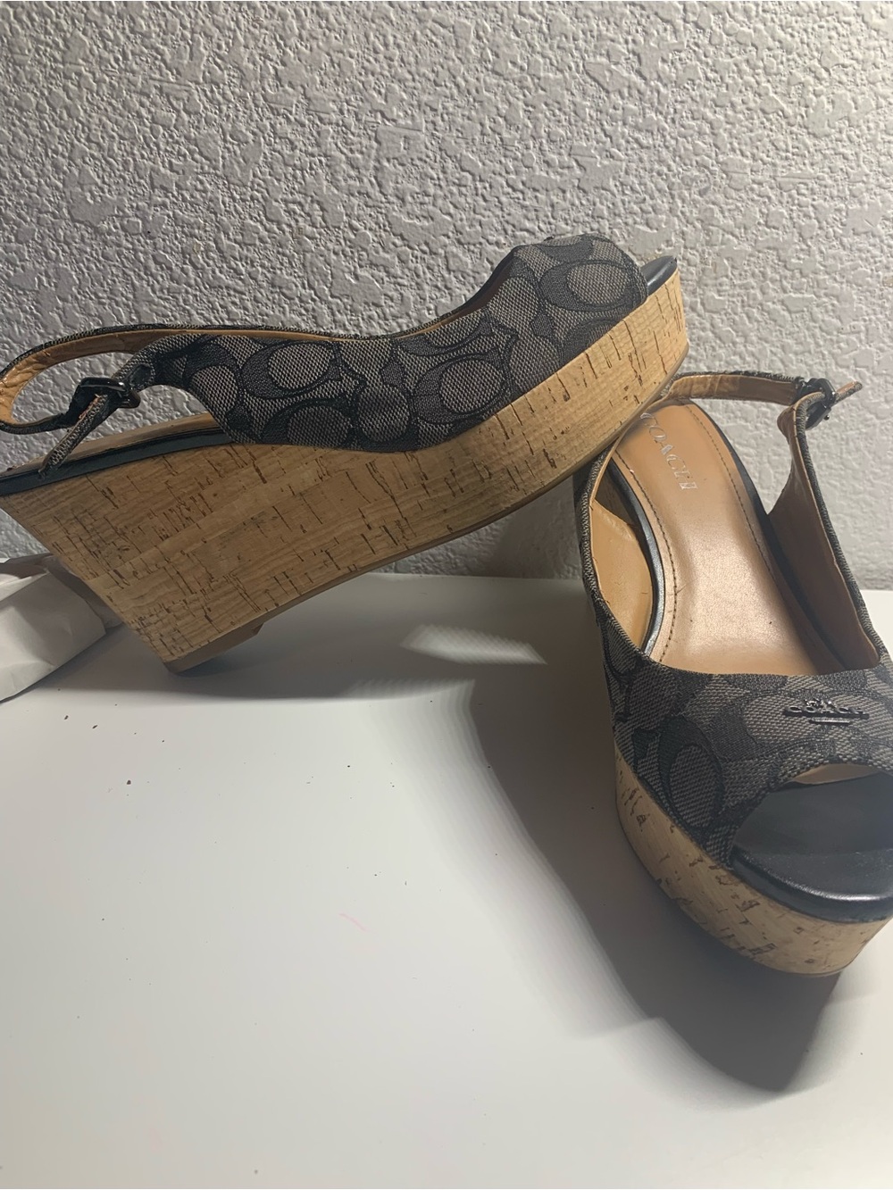 Coach Black and Tan Signature Canvas Cork Wedge Sandals